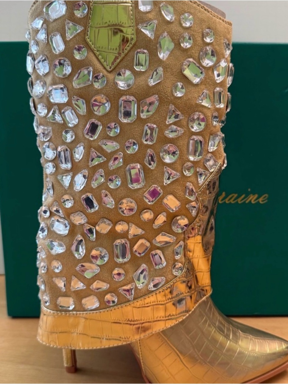 Lauren Lorraine Gold Crystal Embellished Gold Stiletto Heel Women’s Boot Size 8